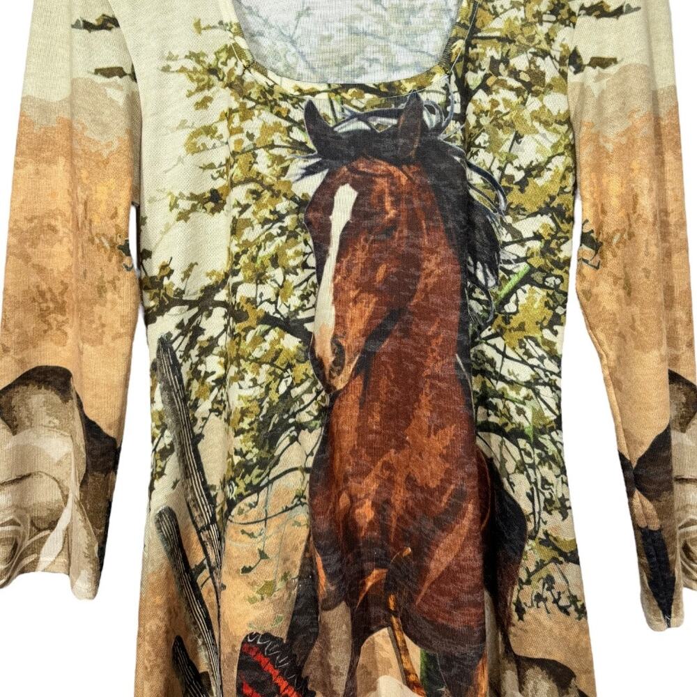 Amma Designs Horse Print Graphic Tunic Top Medium Butterfly Floral Asymmetrical - Picture 2 of 6